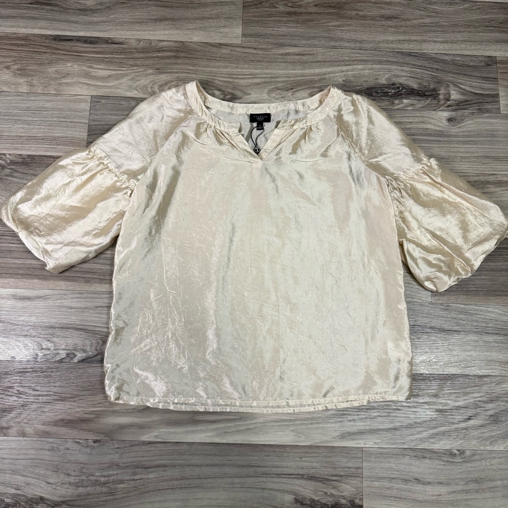 Talbots Silk Blend Metallic Cream Puff Sleeve Short Sleeve Blouse Size Small